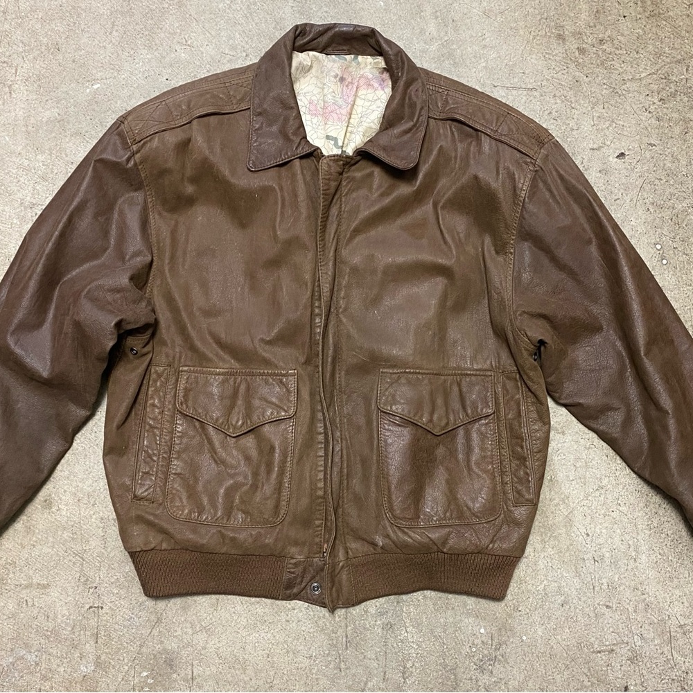 Brown Leather Bomber Jacket with Ribbed Collar and Elastic Waistband